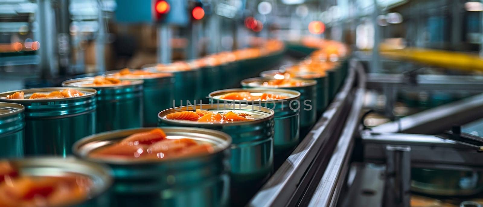 A conveyor belt with cans of food on it by AI generated image.
