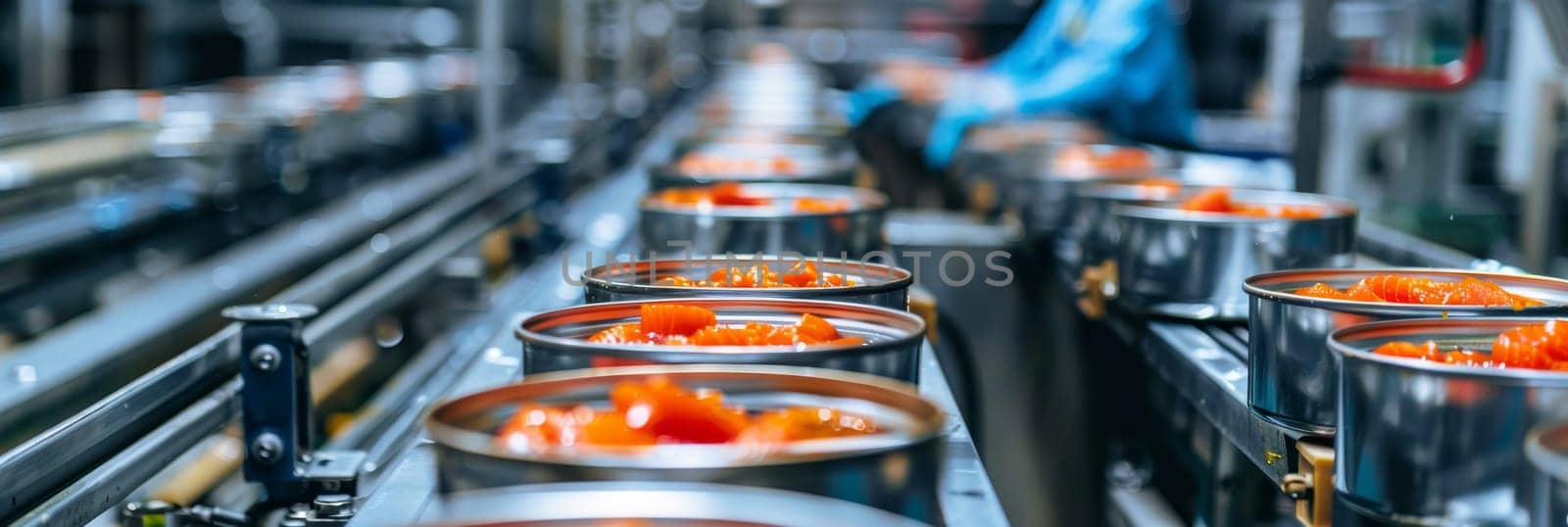 A conveyor belt with cans of food on it by AI generated image by wichayada