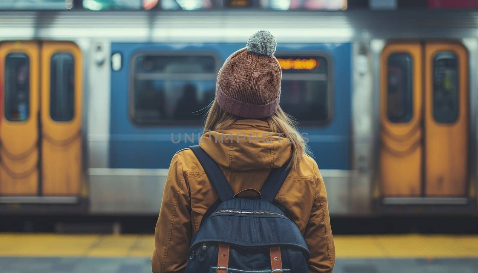 A woman wearing a brown hat and a yellow jacket stands in front of a train by AI generated image.