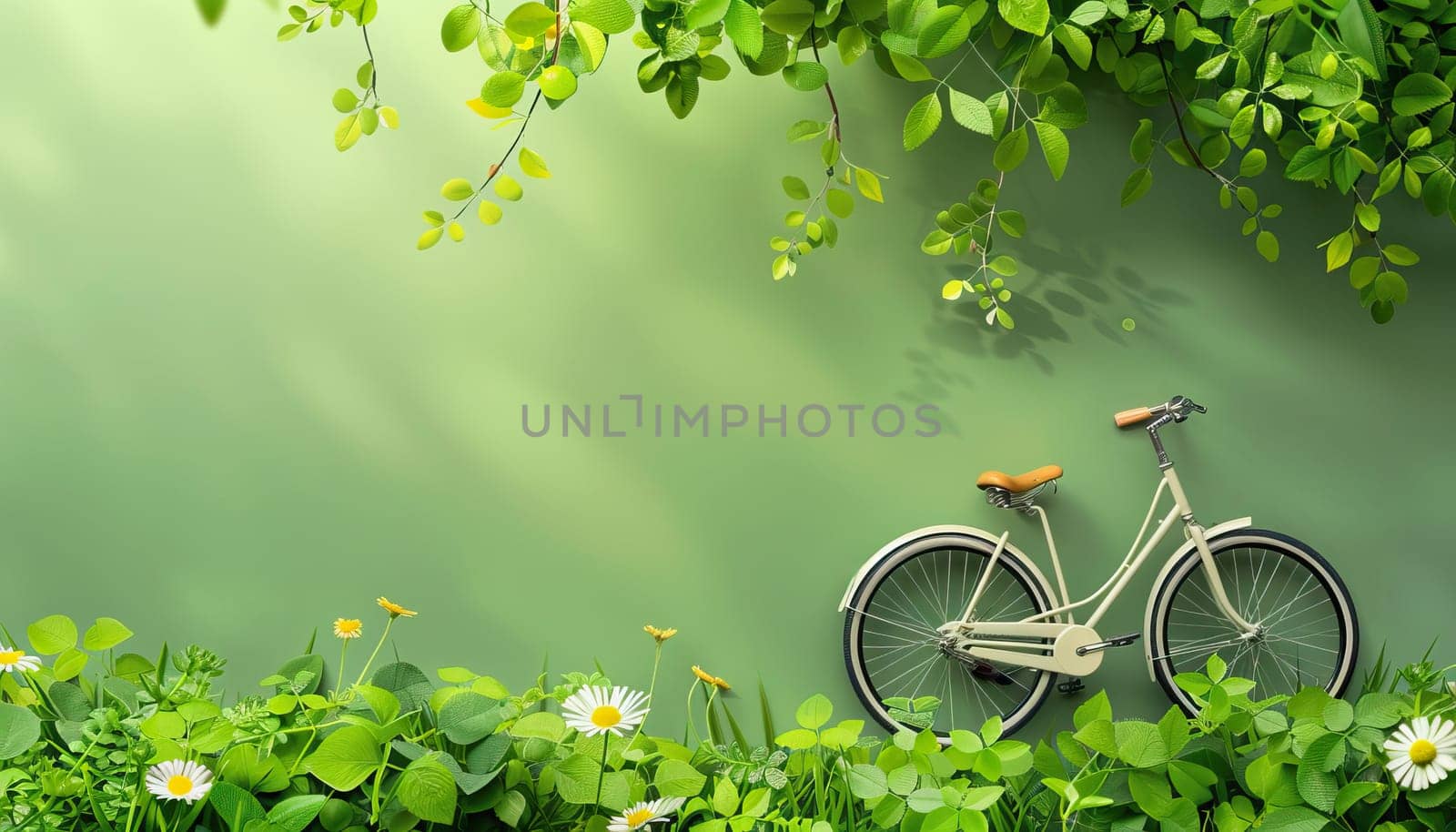 A bicycle is sitting in a field of green grass by AI generated image.