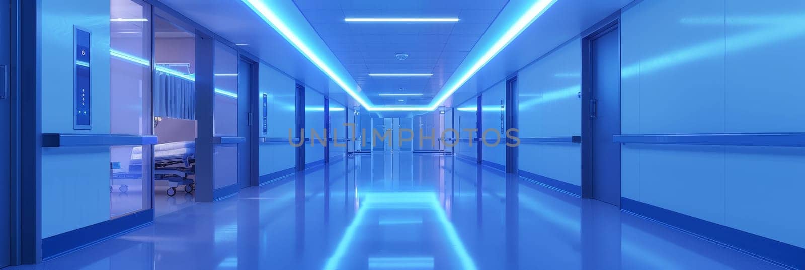 A long hallway with blue lights and white walls by AI generated image.