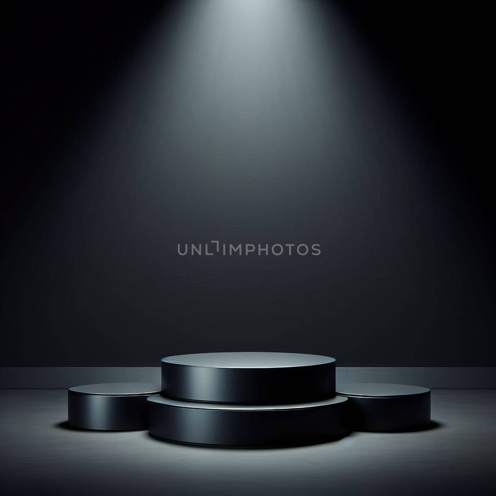 A three-tiered black podium on a gray background, illuminated by a spotlight for presentation. by sfinks