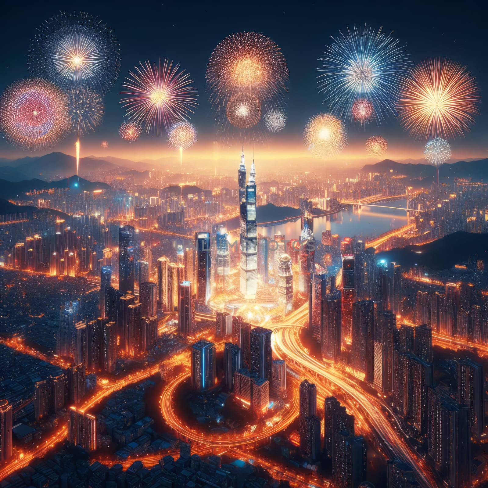 Aerial view of a vibrant cityscape illuminated with fireworks, showcasing skyscrapers and intricate roadways. by sfinks