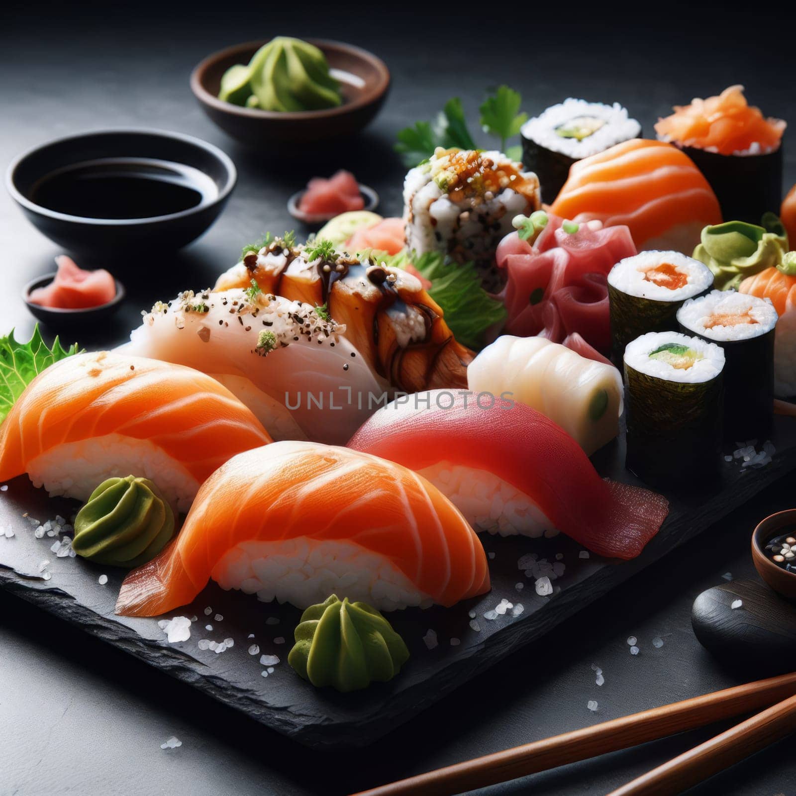 An enticing variety of sushi displayed on a black slate plate, accompanied by chopsticks and soy sauce, set against a dark background