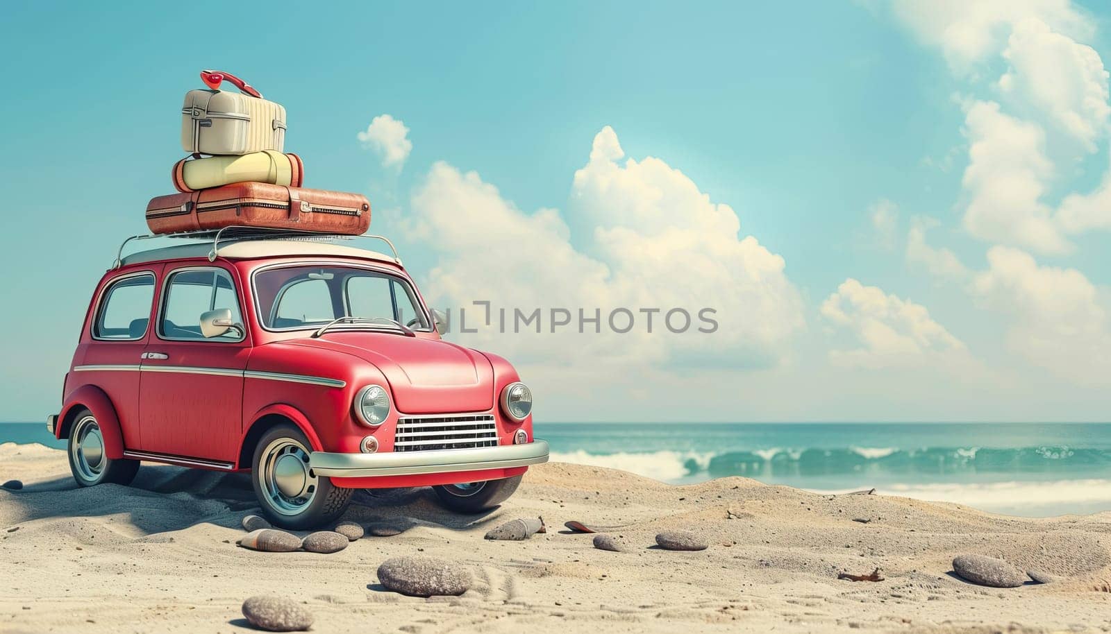 A red car with luggage on top of it is parked on a beach by AI generated image by wichayada