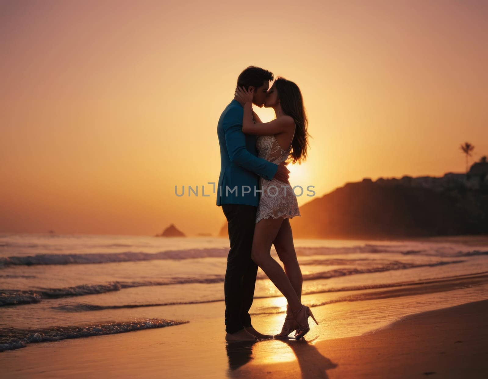 A romantic silhouette of a couple kissing on the beach at sunset, with waves crashing in the background