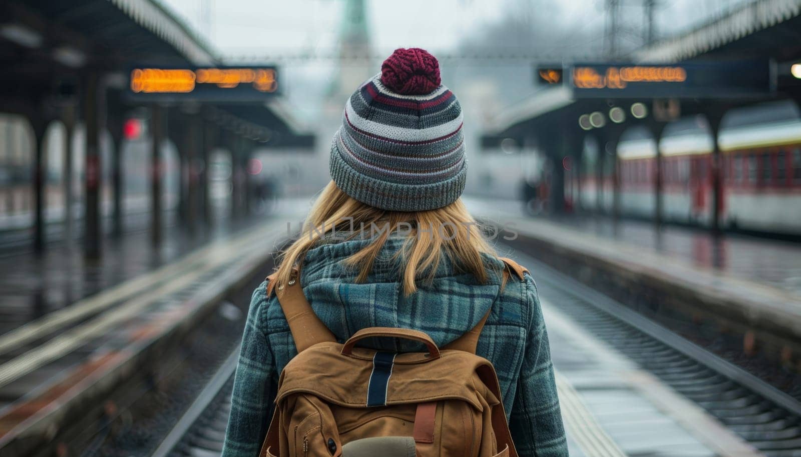 A woman wearing a brown hat and a yellow jacket stands in front of a train by AI generated image by wichayada