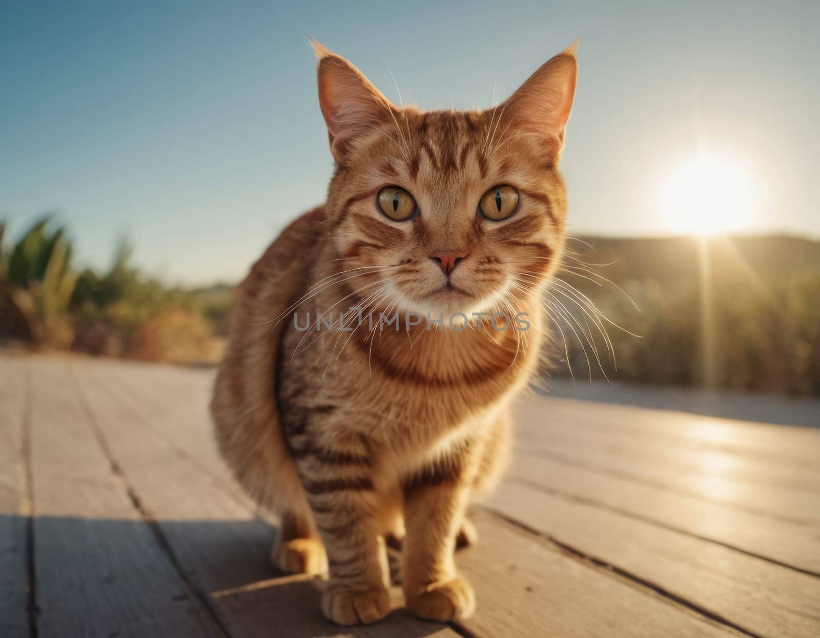 A ginger surprised cat with a collar stands on a wooden deck with the sun setting in the background