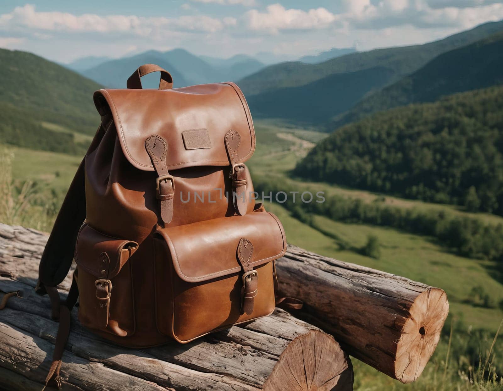 Leather backpack on a log with a scenic mountain landscape in the background, under a clear sky