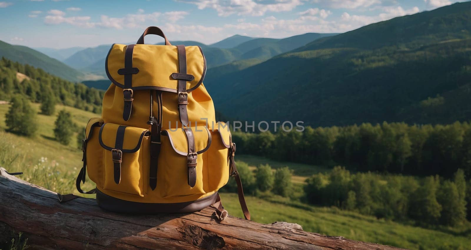 Yellow backpack on a log with a stunning mountain view in the background, symbolizing adventure and travel