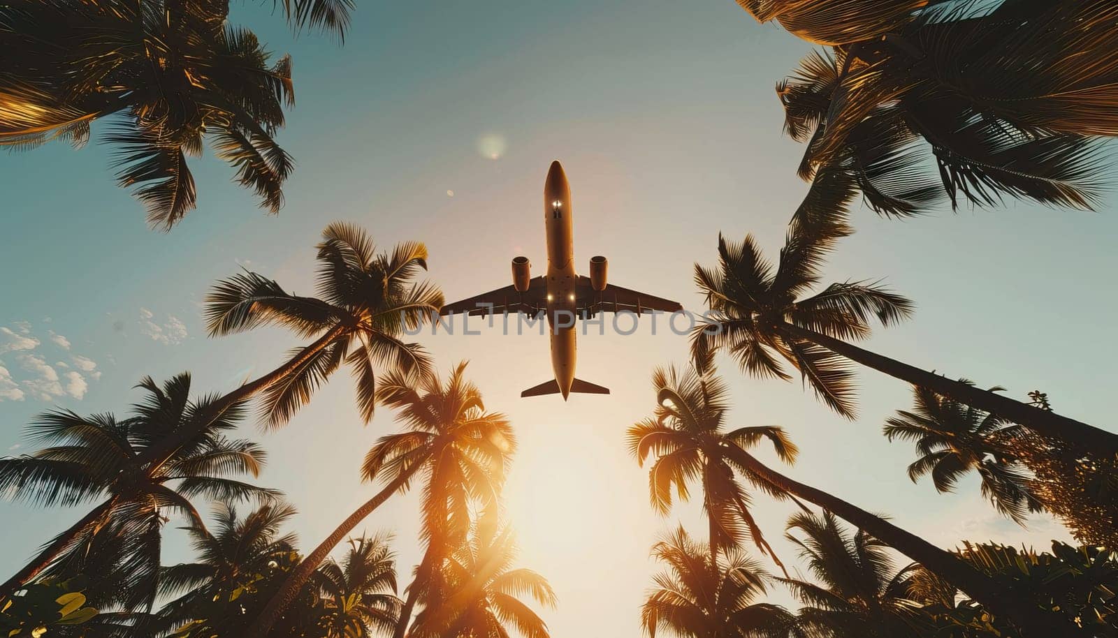 A plane is flying over a tropical forest with palm trees by AI generated image.