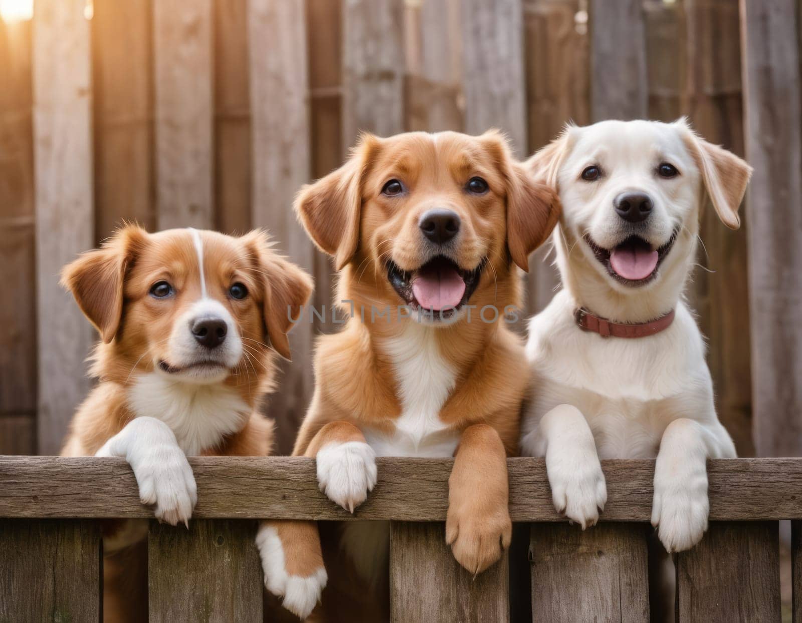 Three funny dogs with look over a fence, bathed in the warm glow of a sunset
