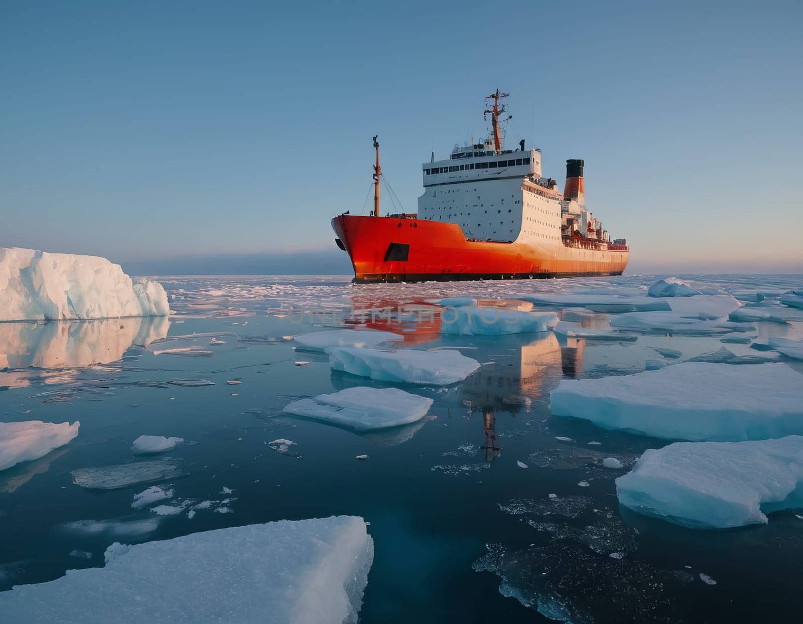 Large orange and white ship navigating through the Arctic Ocean, surrounded by icebergs under a clear blue sky