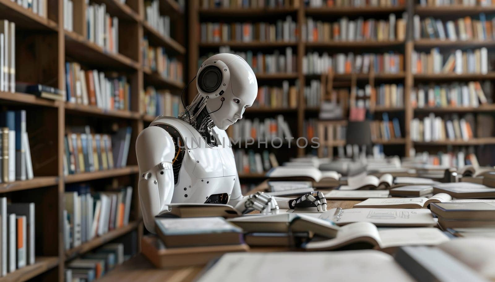 A robot is sitting at a desk with a book in front of it by AI generated image.