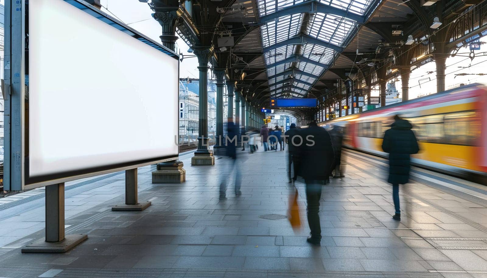 A train station with a large white billboard in the background by AI generated image.