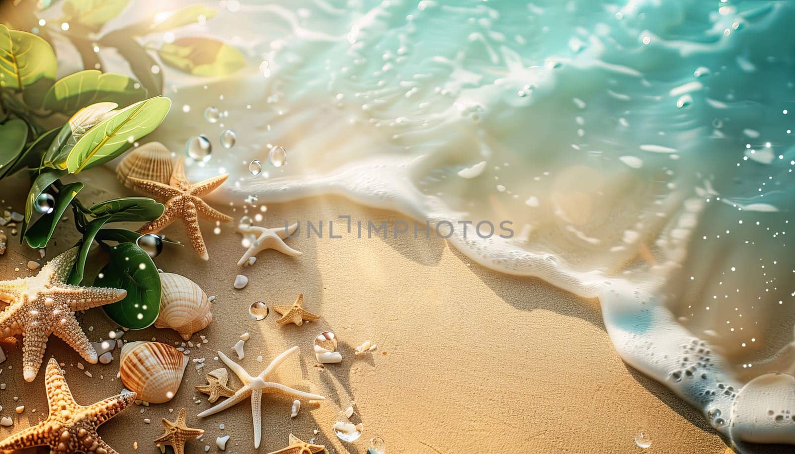 A beach scene with a bunch of starfish and shells on the sand by AI generated image by wichayada