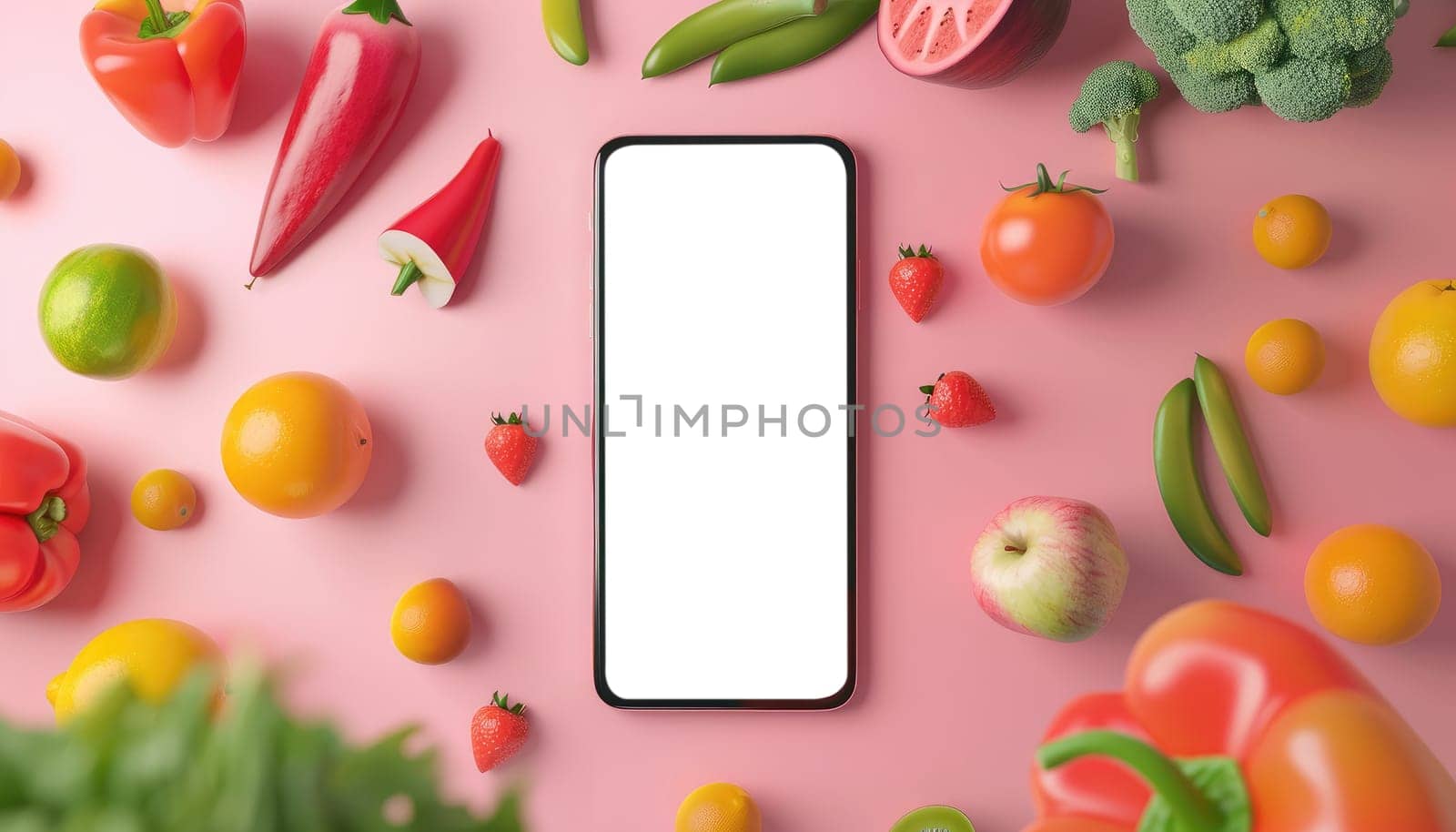A phone is displaying a list of fruits and vegetables by AI generated image by wichayada