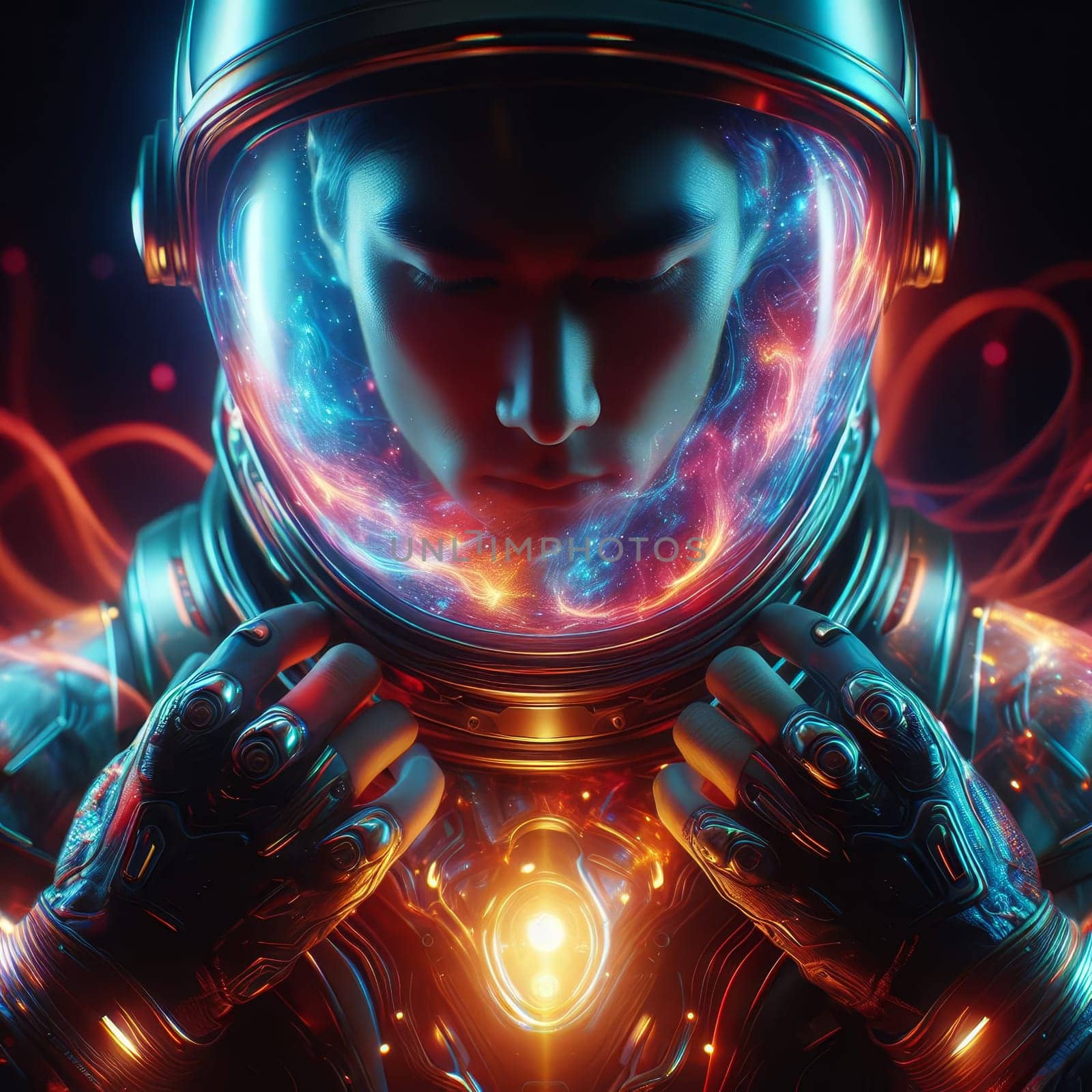 Astronaut with a cosmic, nebula-filled helmet surrounded by vibrant, swirling lights. by sfinks