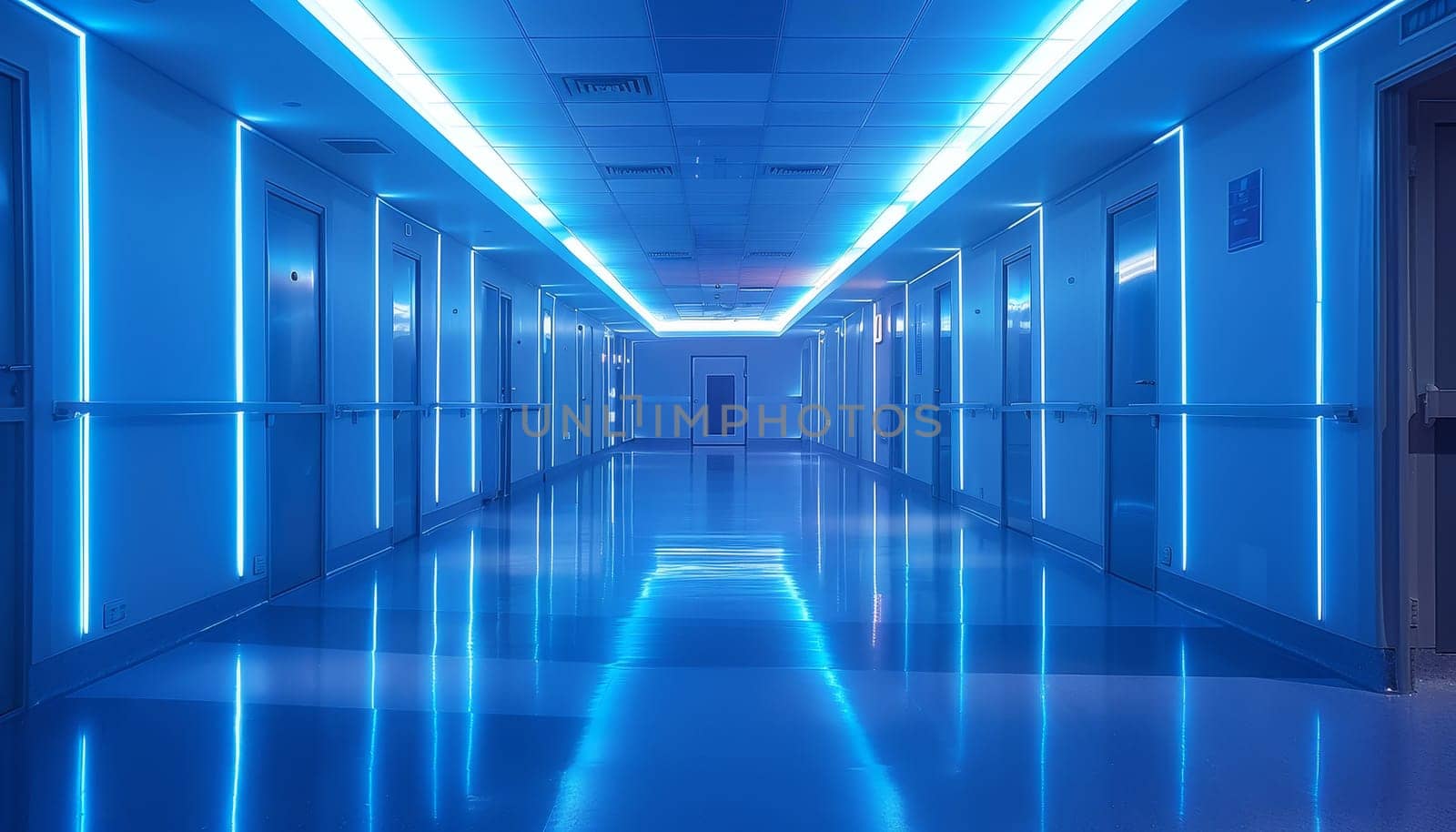 A long hallway with blue lights and white walls by AI generated image by wichayada