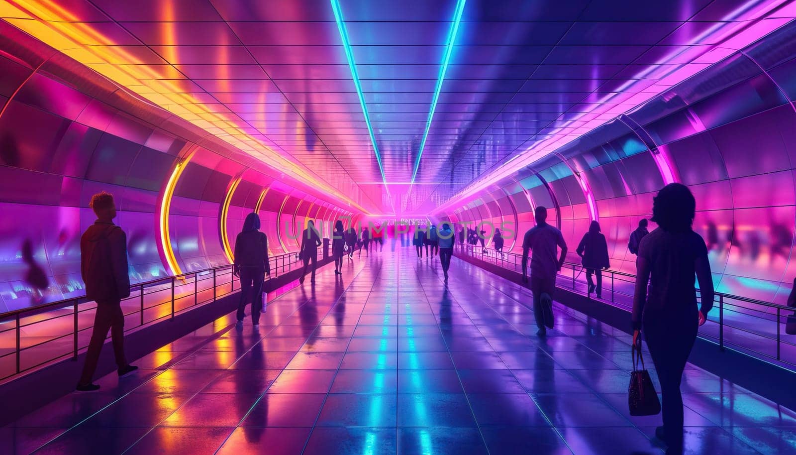 A group of people are walking down a brightly lit subway platform by AI generated image.