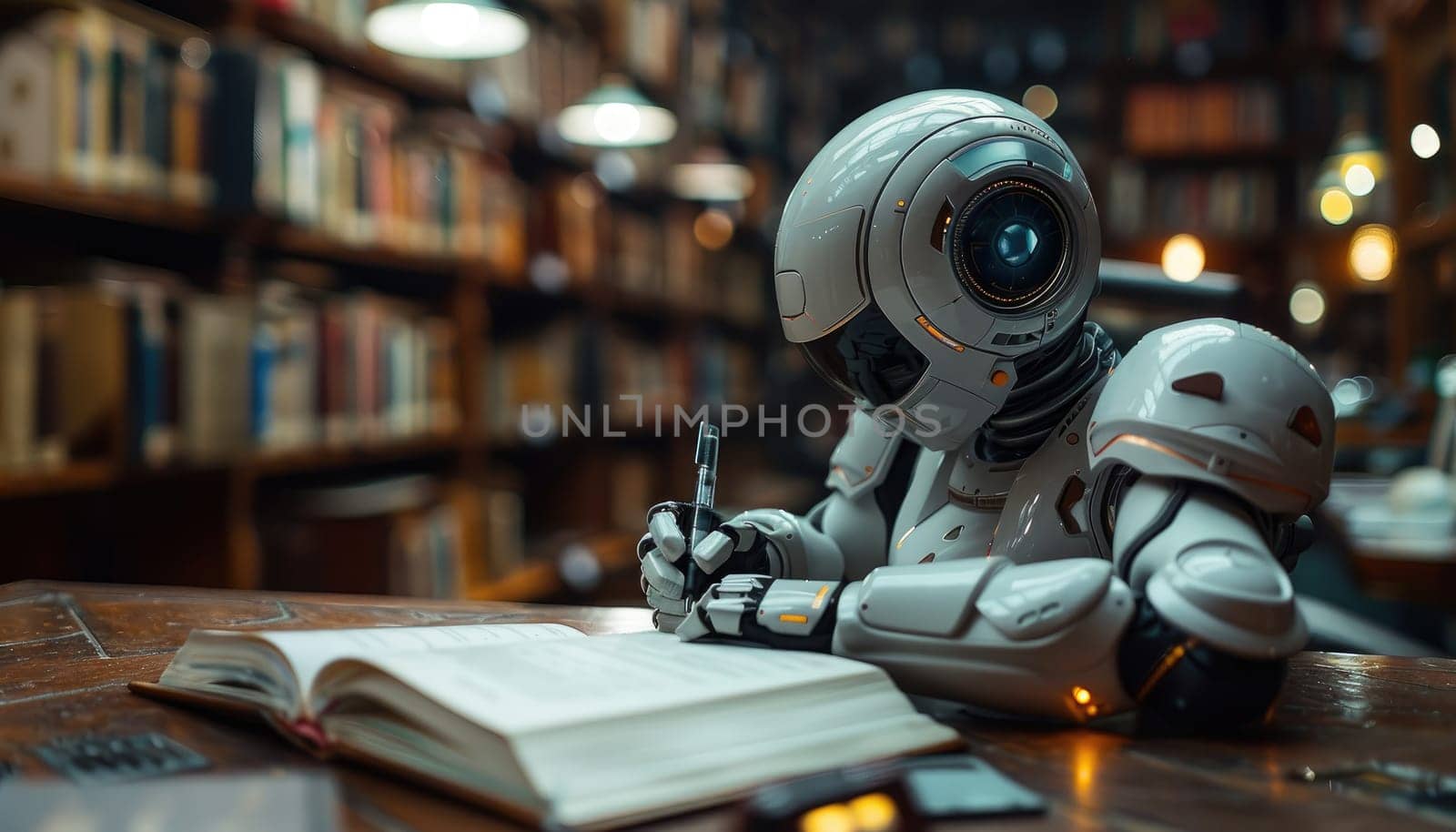 A robot is sitting at a desk with a book in front of it by AI generated image.