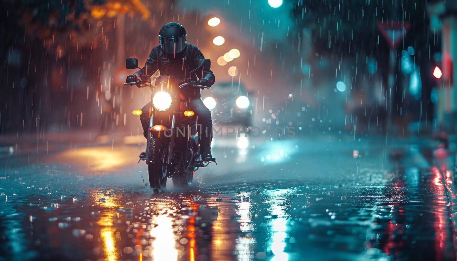 A man on a motorcycle is riding down a wet street by AI generated image by wichayada