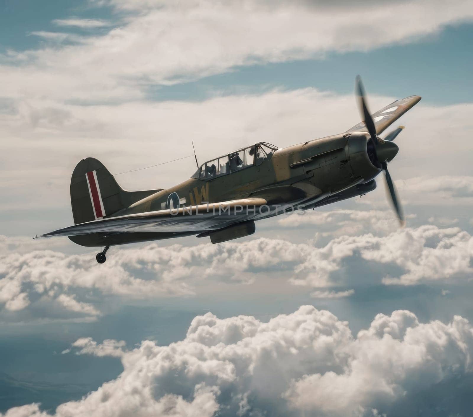 Vintage fighter plane flying amidst fluffy clouds, showcasing its detailed design and the vast sky