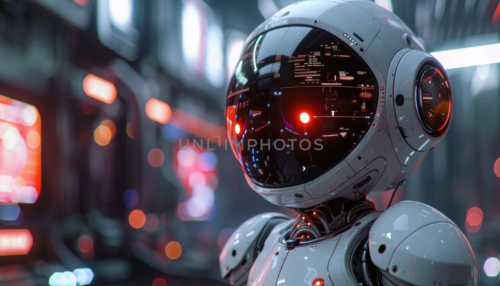 A robot with red eyes stands in front of a wall of monitors by AI generated image.