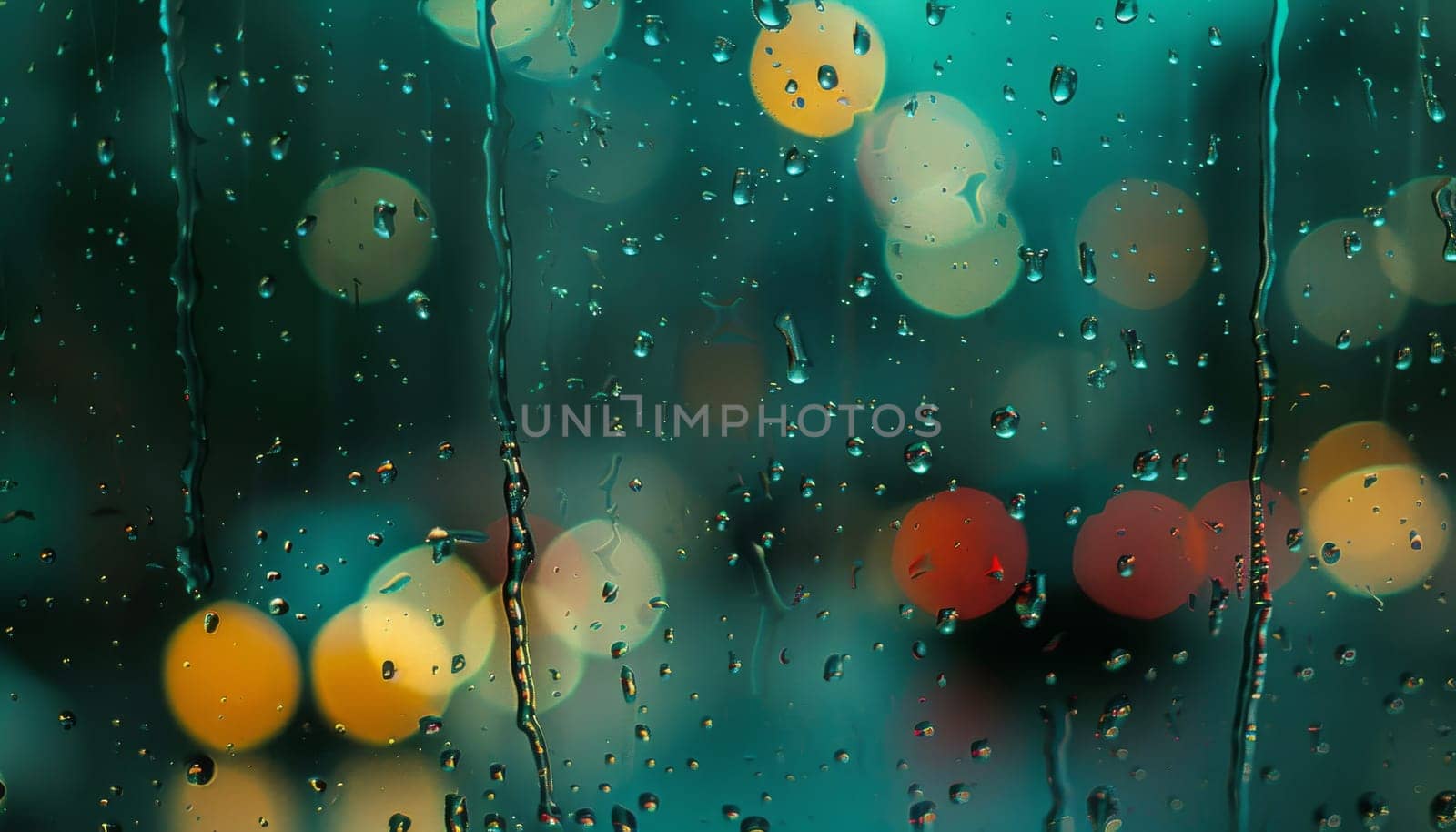 A window with raindrops on it and a blurry background by AI generated image.