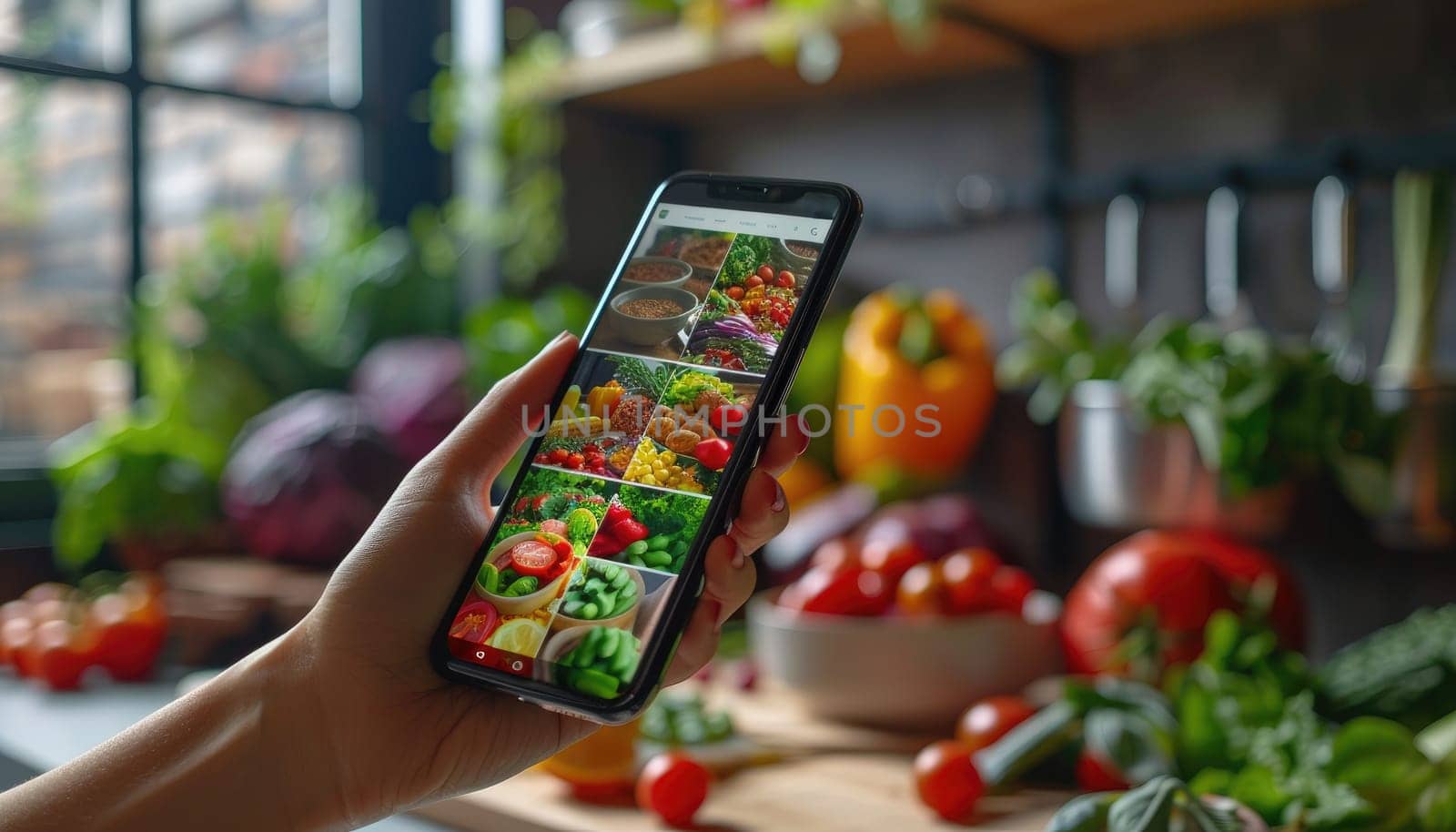 A phone is displaying a list of fruits and vegetables by AI generated image by wichayada