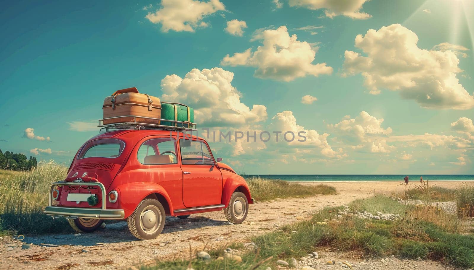 A red car with luggage on top of it is parked on a beach by AI generated image by wichayada