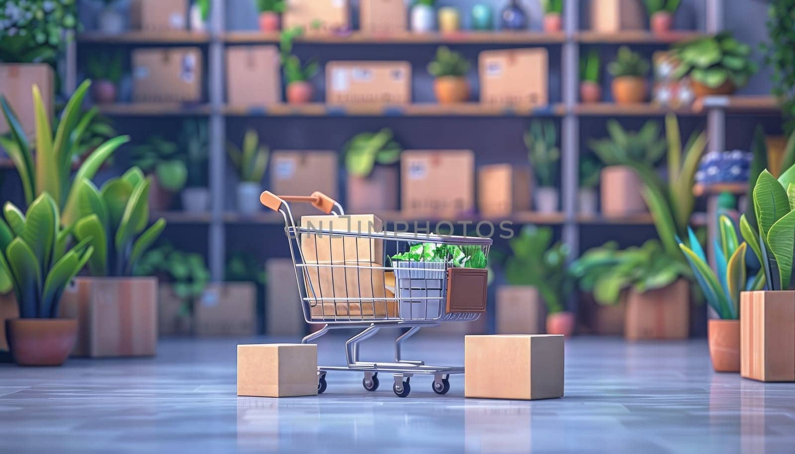 A shopping cart is in front of a pile of cardboard boxes by AI generated image.