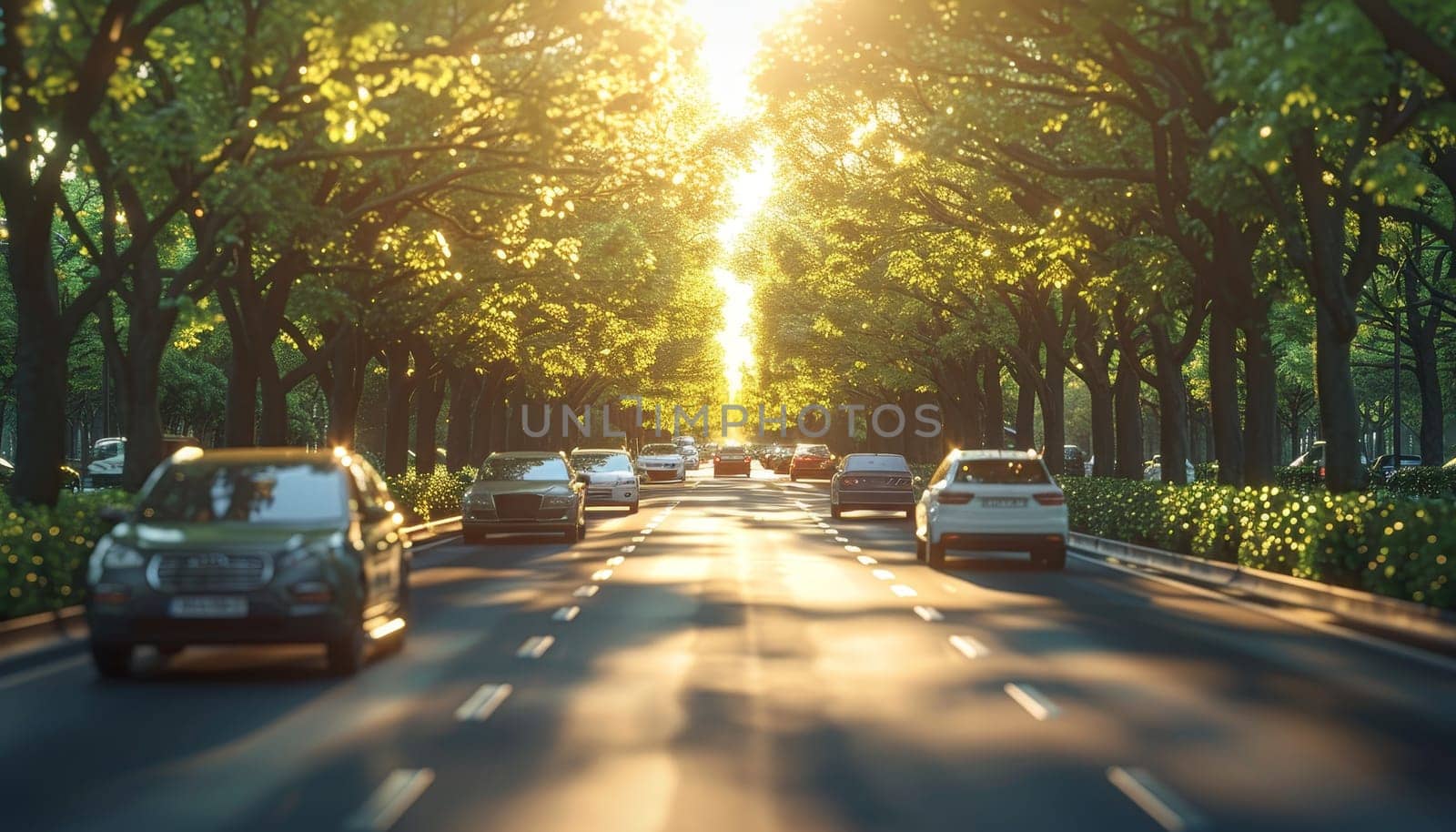 A busy street with cars driving down it in the rain by AI generated image by wichayada