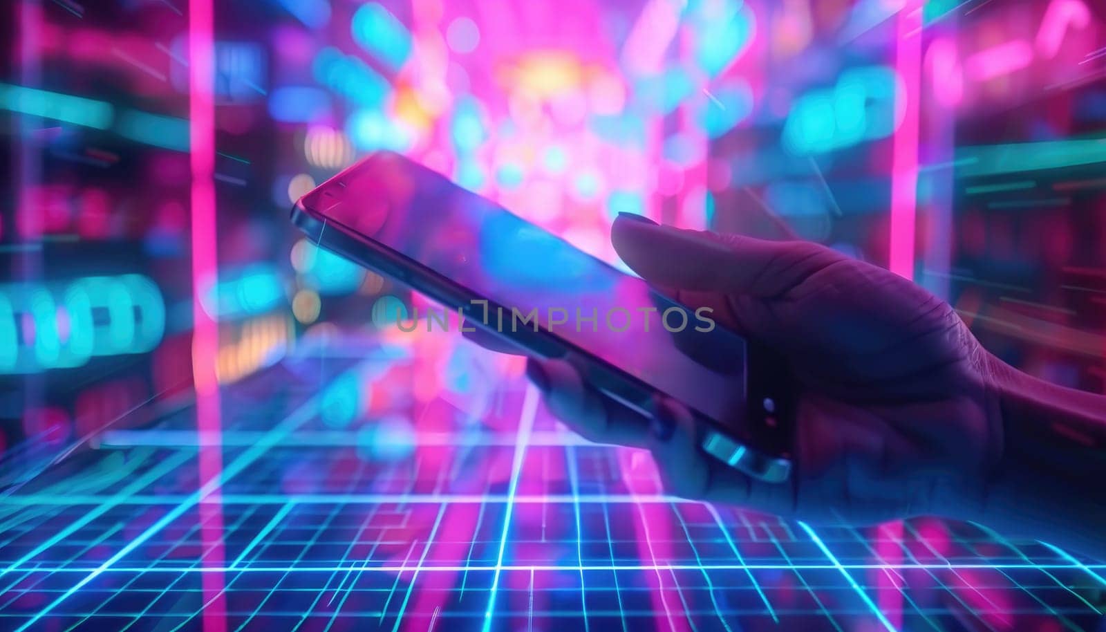 A hand holding a cell phone in front of a colorful background by AI generated image.