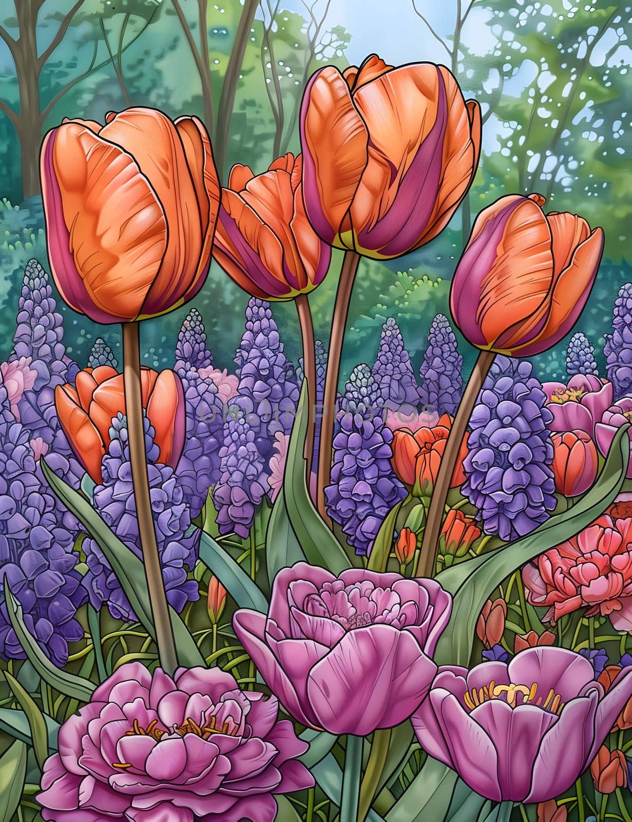 An art illustration of purple and orange flowers in a garden, showcasing the beauty of botany and creative arts in a natural landscape with grass