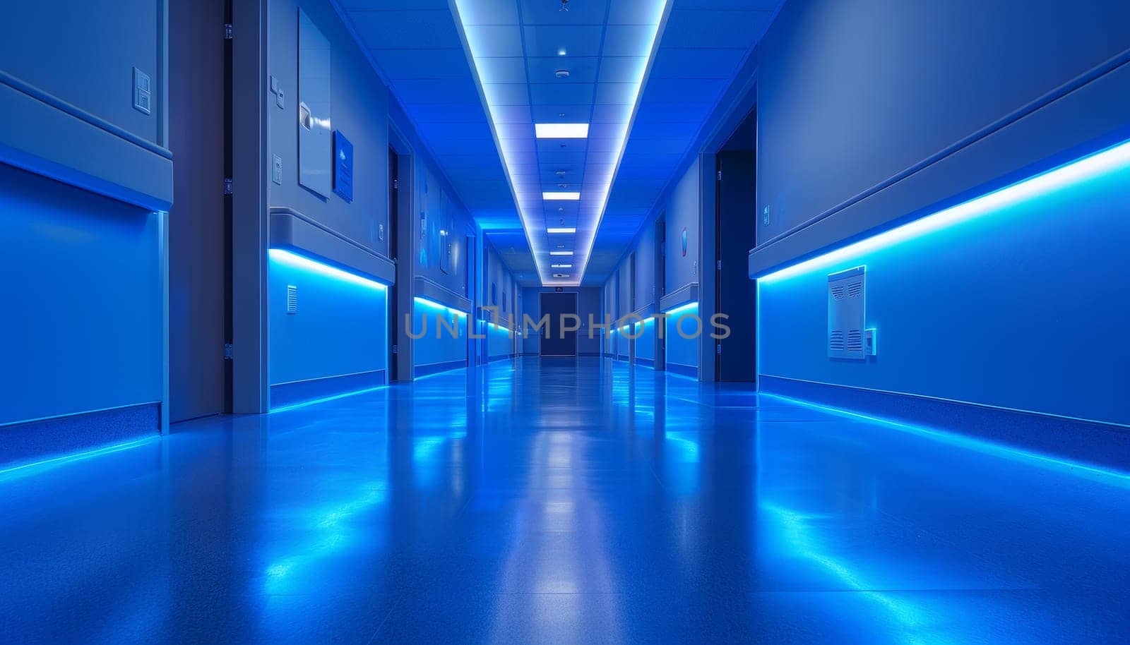 A long hallway with blue lights and white walls by AI generated image by wichayada