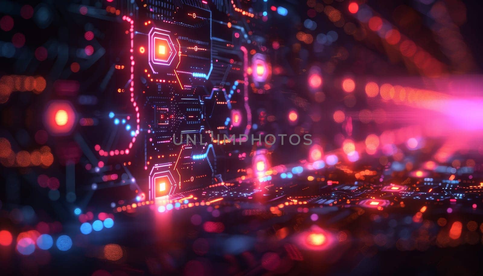 A computer generated image of a glowing, neon colored computer chip by AI generated image.