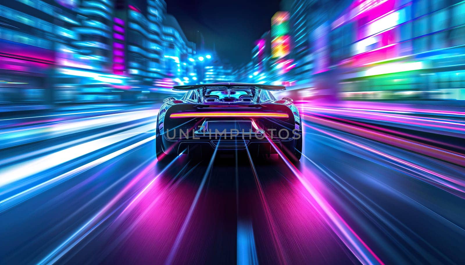 A car is driving down a street with neon lights by AI generated image.