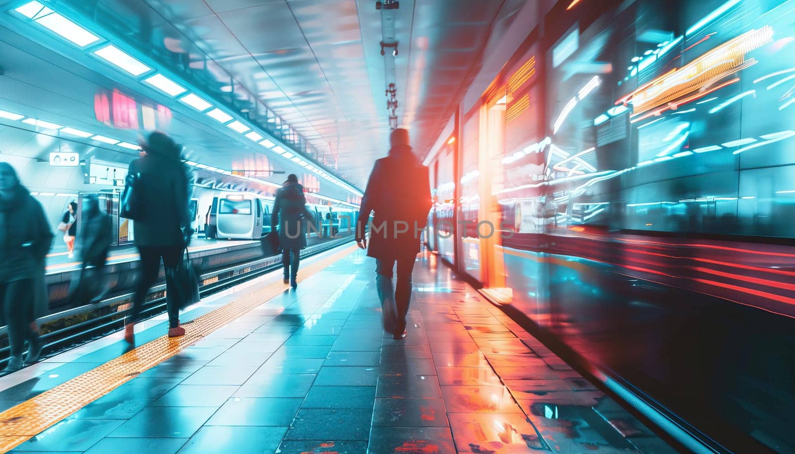 A group of people are walking on a train platform at night by AI generated image.