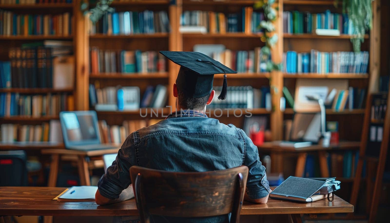 A man wearing a black cap and gown sits at a desk in a library by AI generated image.