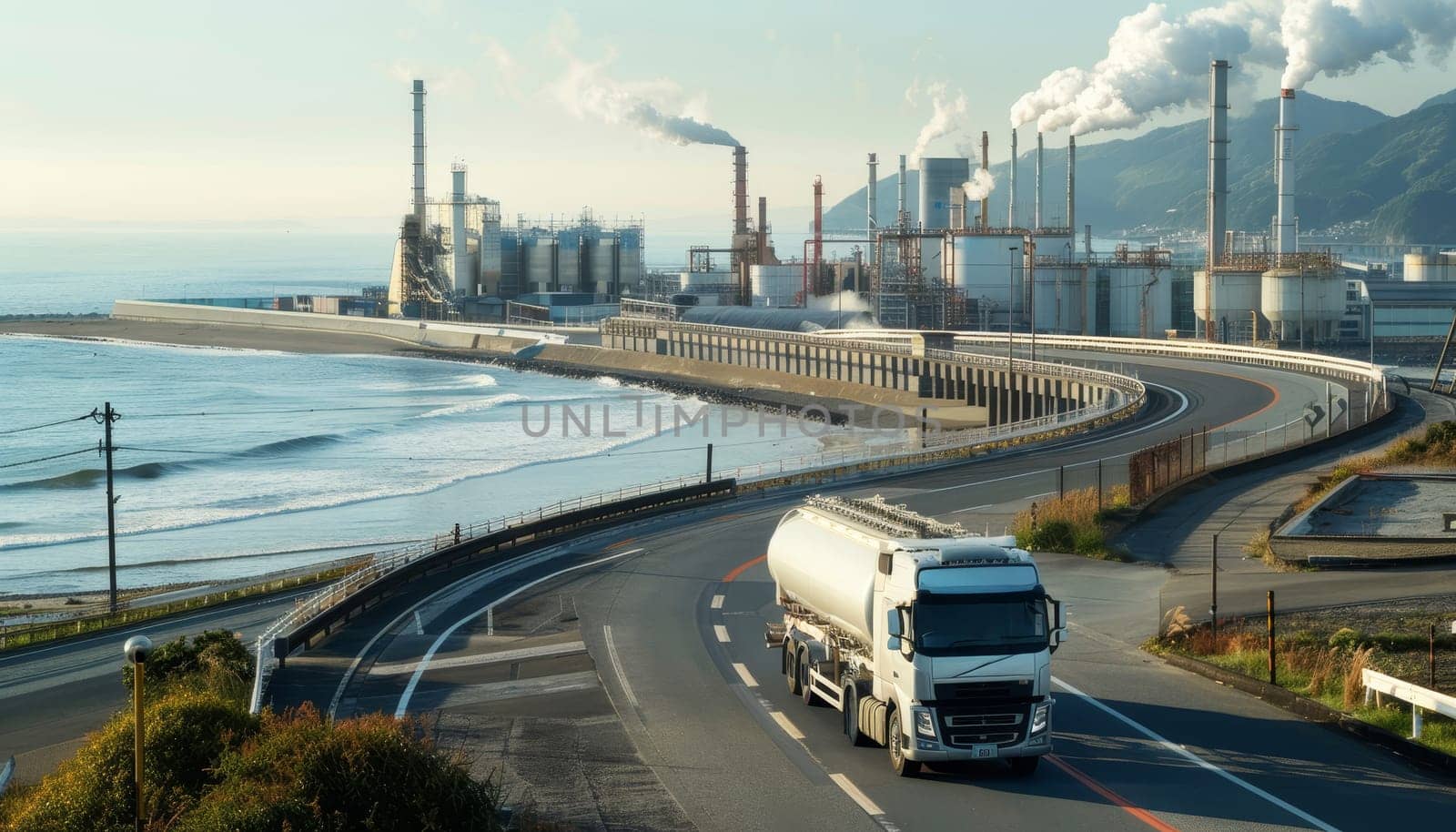 A truck is driving down a road near a large industrial plant by AI generated image.