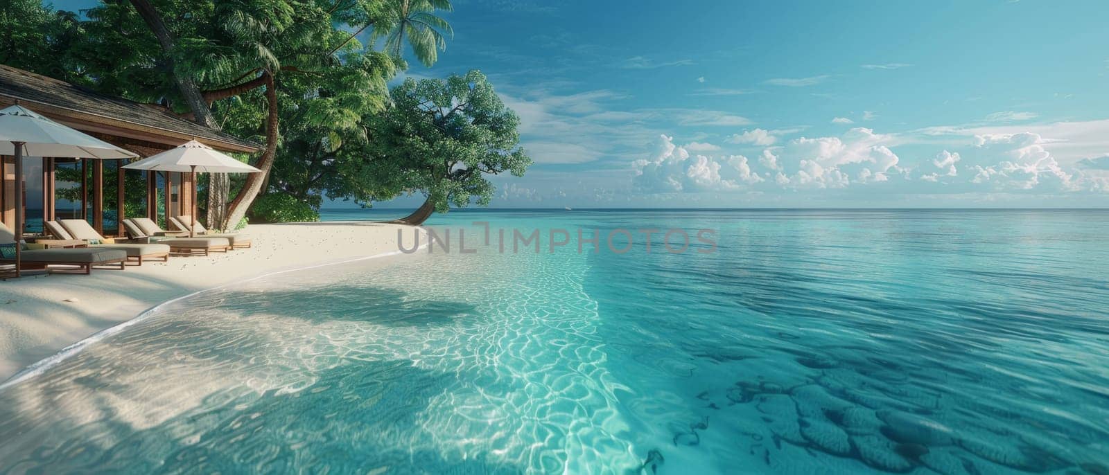 A beach scene with two lounge chairs on the sand by AI generated image.