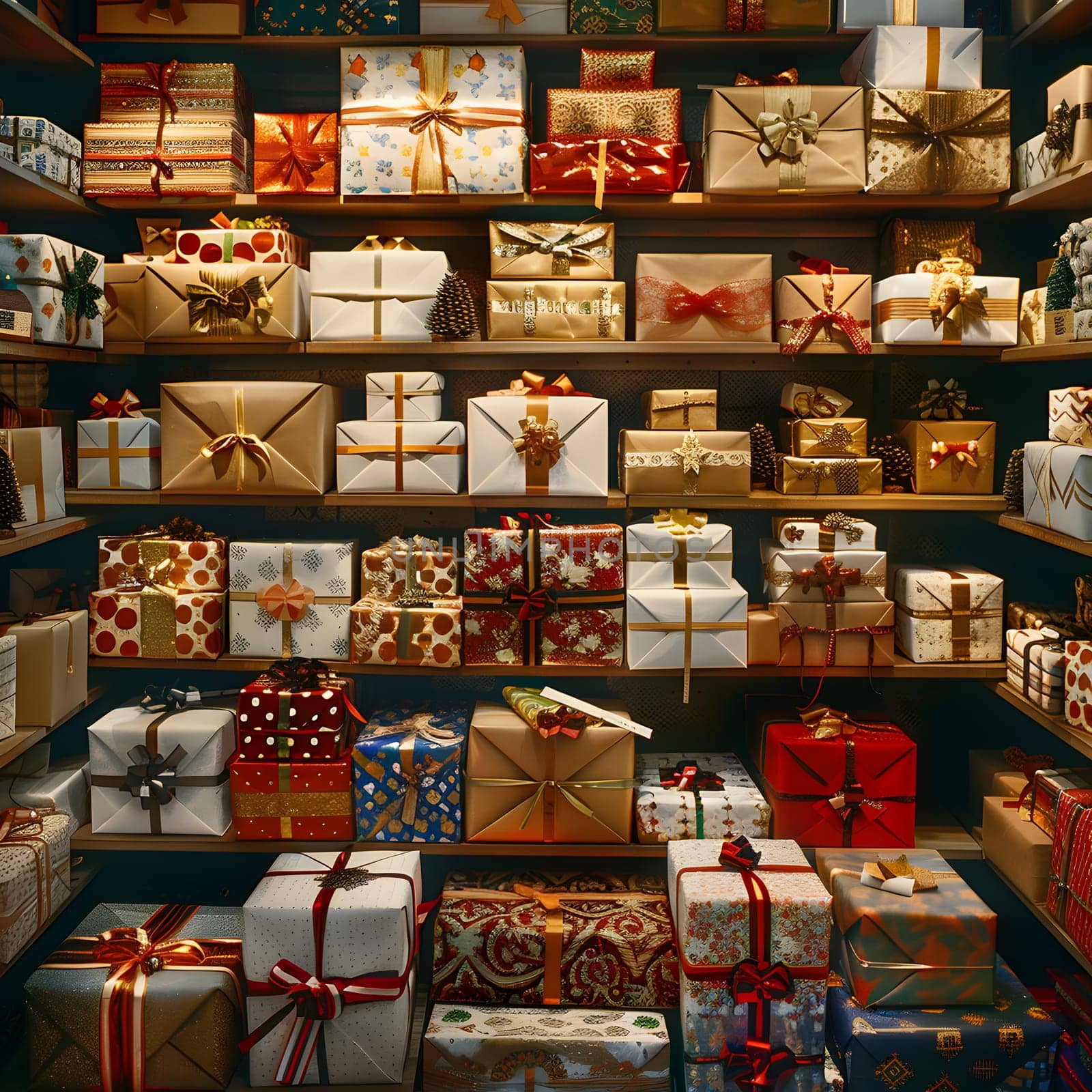 A brown wood rectangle shelving display case filled with a pattern of wrapped gifts, fashion accessories, publications, and carminecolored items in a retail setting