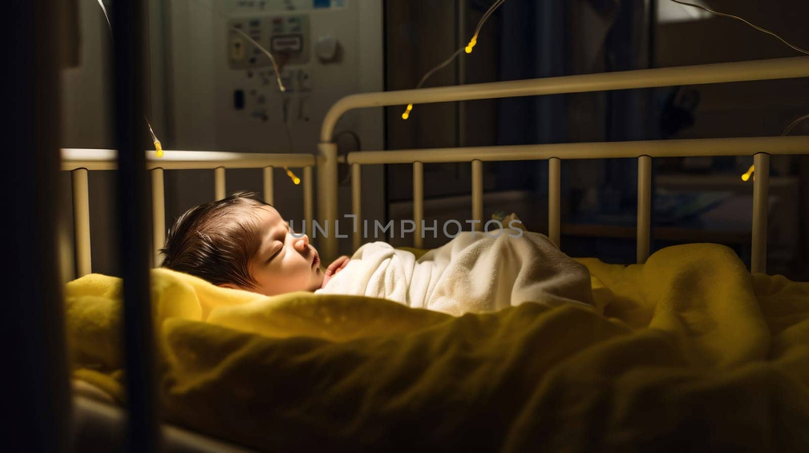 Hospital and doctors help: Sleeping baby boy in hospital bed with lights on background.