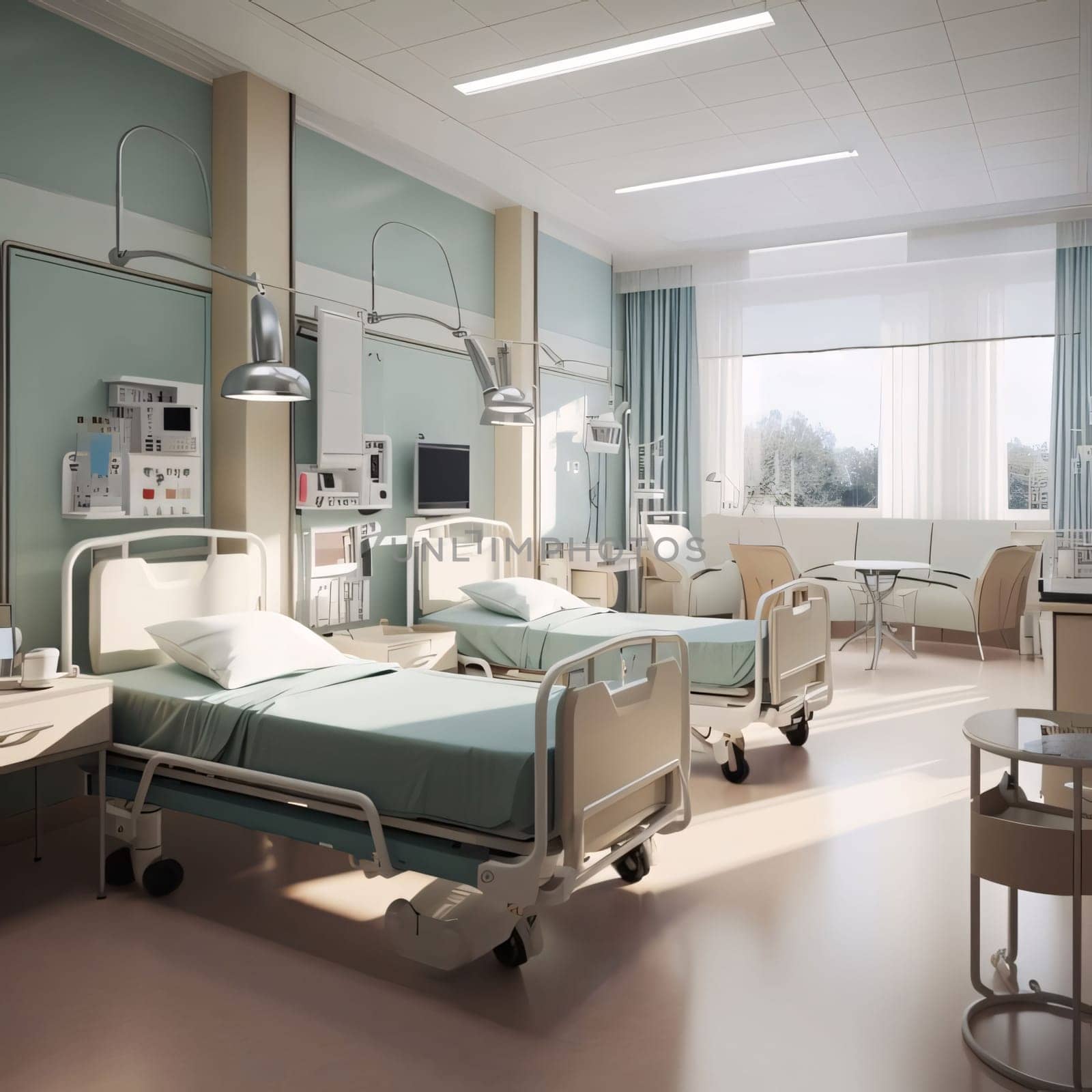 Hospital and doctors help: Modern hospital ward interior with beds and equipment. 3d render.