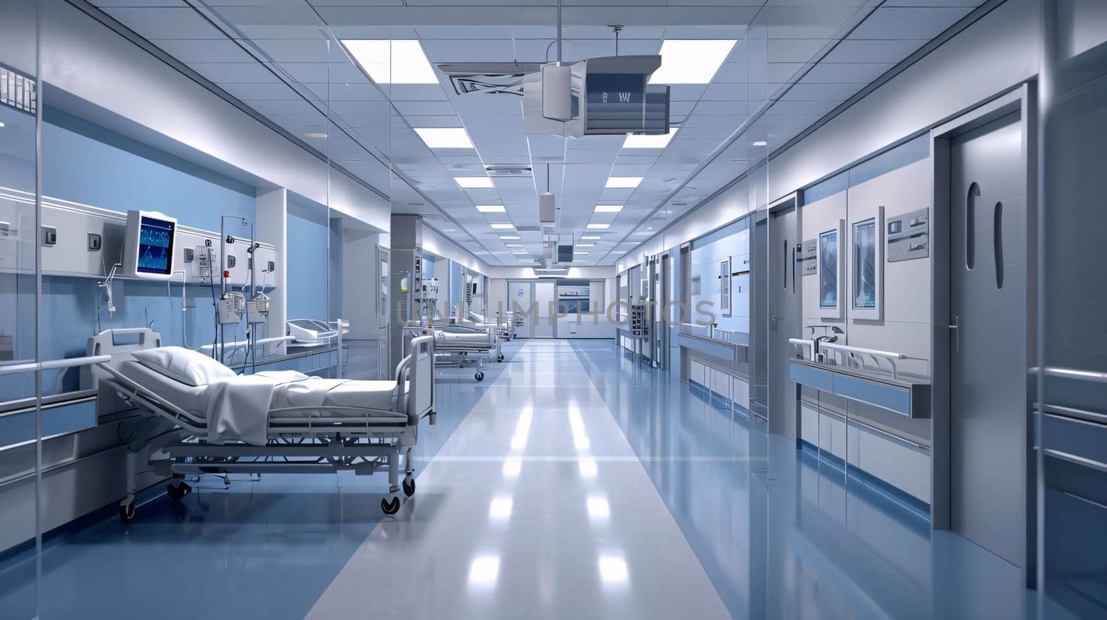 Hospital and doctors help: Interior of a modern hospital corridor. 3d rendering image.