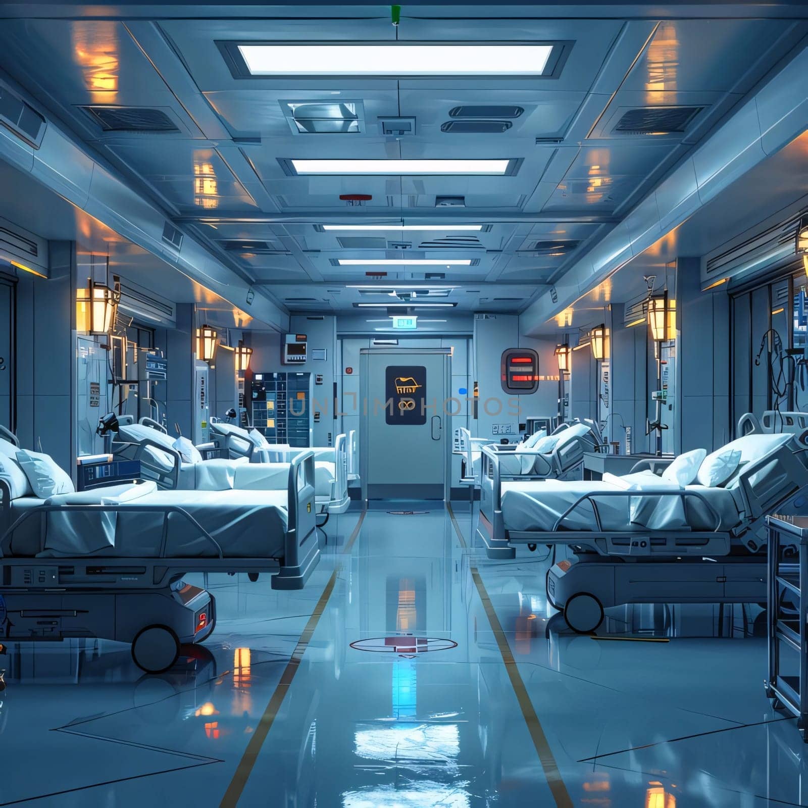 Hospital and doctors help: 3d rendering of a hospital corridor with medical equipment and patient bed