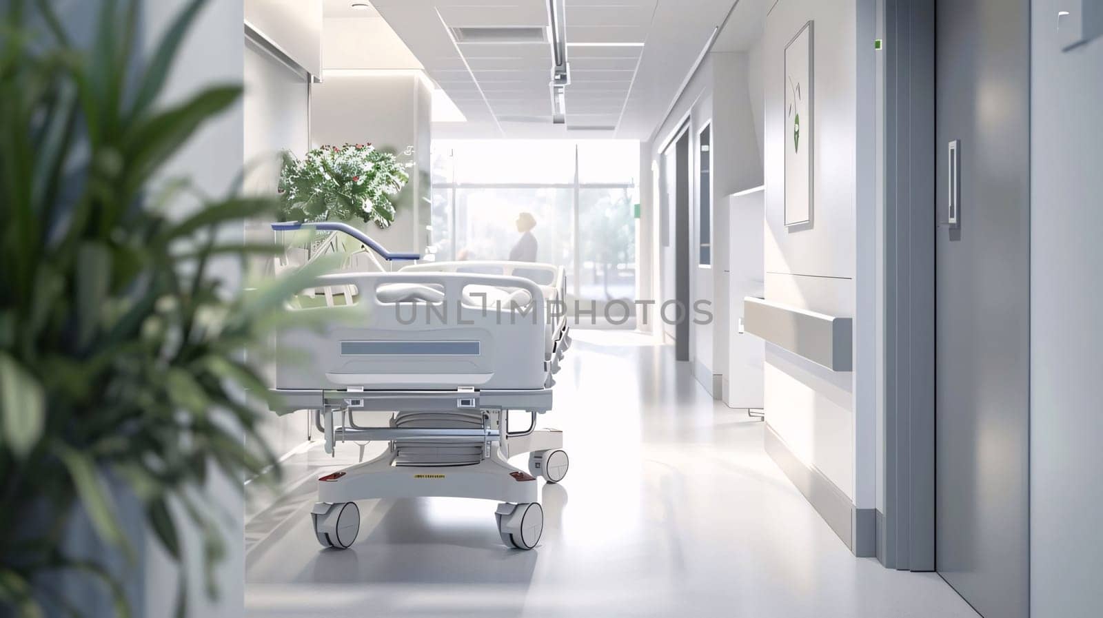 Hospital and doctors help: Hospital corridor with a hospital bed. 3d render illustration.