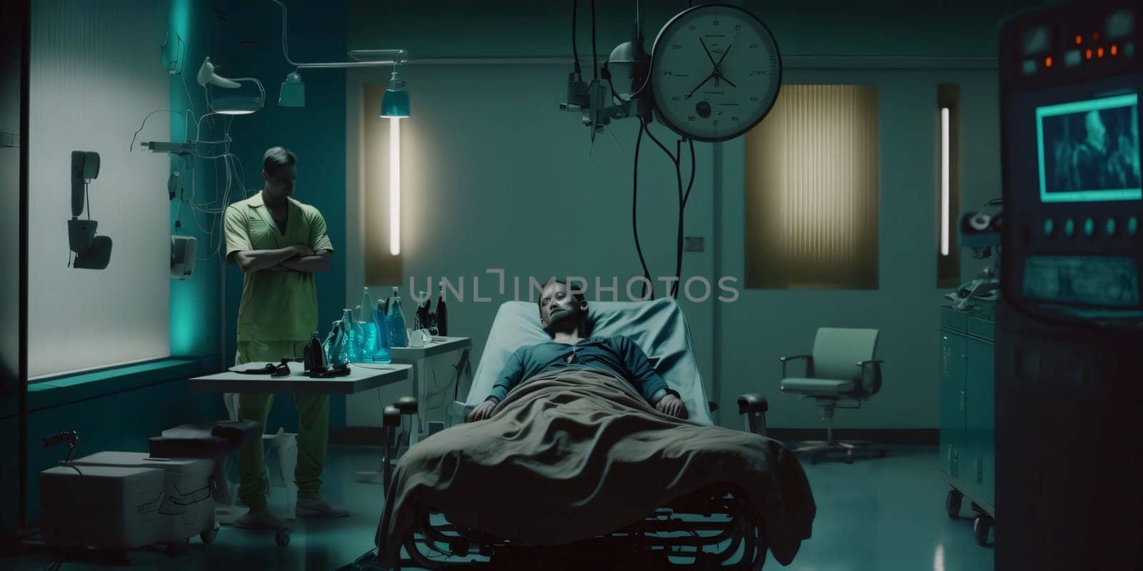 Hospital and doctors help: Man lying in hospital ward at night. Patient and doctor on background.