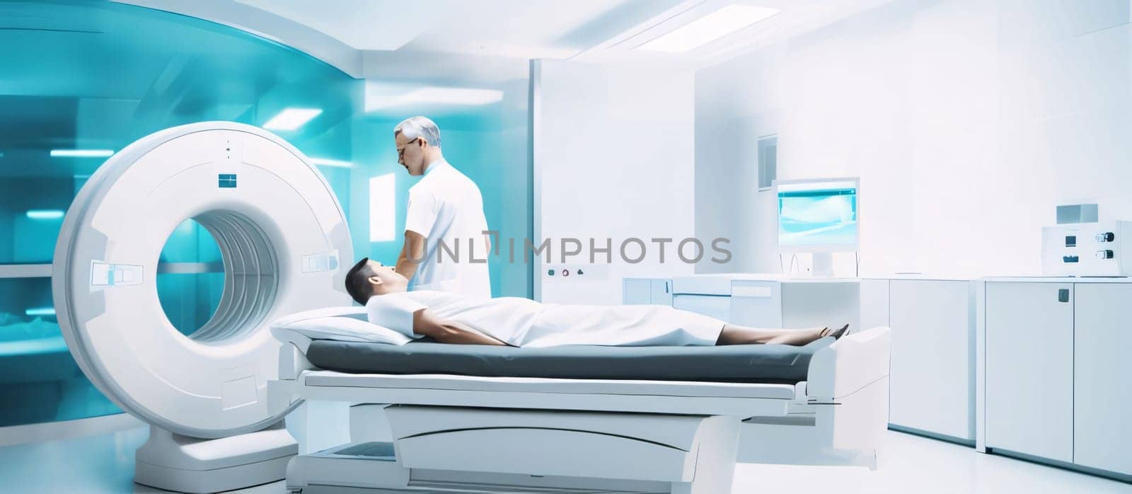 Hospital and doctors help: Doctor and patient during tomography test in hospital room. Medical healthcare and doctor service.